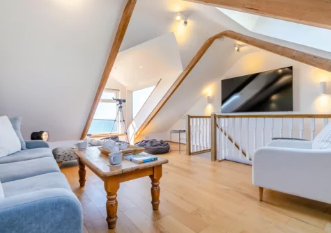 The attic living room at Suffolk Cottage, Porthleven