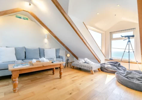 The attic living room at Suffolk Cottage, Porthleven