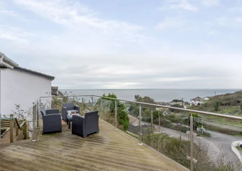 The decked patio & outdoor sitting area at Tamarisk, Downderry