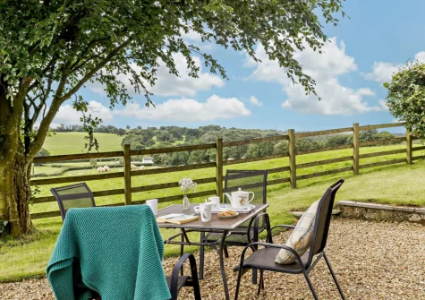 The alfresco dining area & lawned garden at The Arch Barn, South Molton