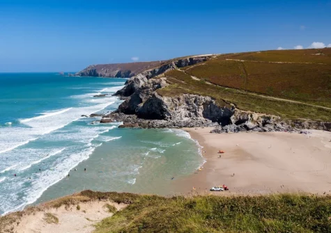Porthtowan Beach is a popular, Blue Flag sandy beach known for its excellent surf, golden sands & dramatic cliffs