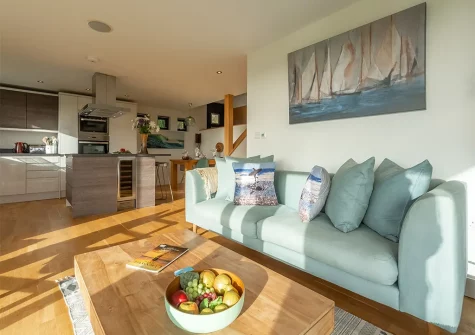 The living area at The Deck House, Morcliff, Goonvrea