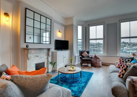 The living area at The Lodge at Kylgenna, Fowey