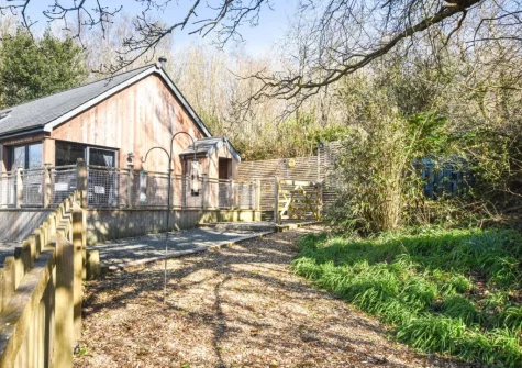 The fully enclosed garden area, perfect for dogs, at The Lodge at The Linhay, North Tamerton