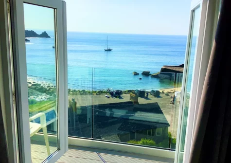 The balcony & outdoor sitting area at The Magazine, Lamorna