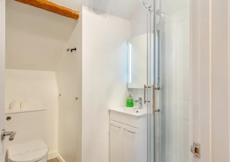 The shower room, adjacent to bedroom #2, at The Moohey, Downderry