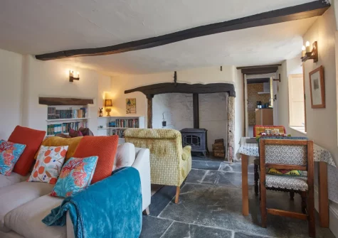 The living & dining area at The North Wing at Trevigue, Crackington Haven