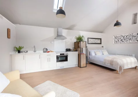 The open-plan living area at The Rest House, Polgigga