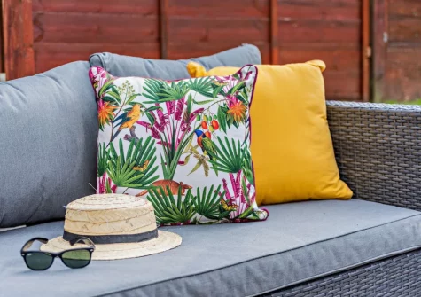The rear patio & outdoor sitting area at The Shippon, Hembury Gate Farm, Sheepwash
