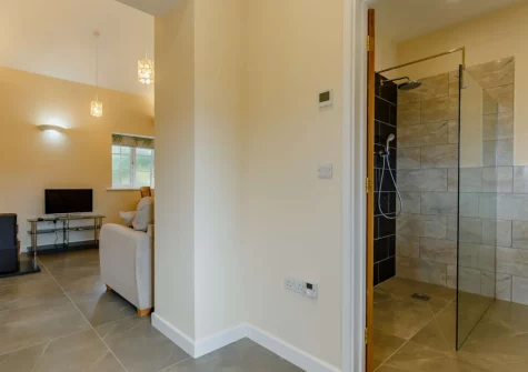 The shower room at The Stone Barn at Hock Ridge Farm, Fairy Cross