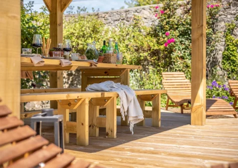 The decked sun terrace & alfresco dining area at The White House, Poughill
