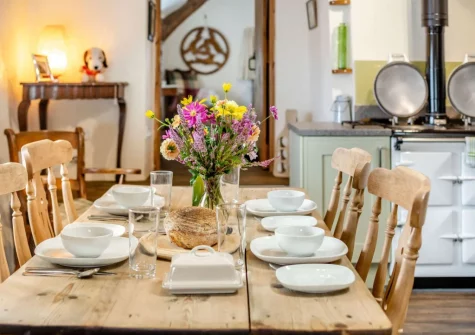 The dining area at Three Hares Cottage, Throwleigh