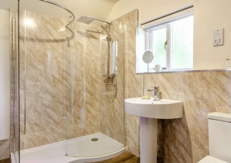 The shower room at Three Hares Cottage, Throwleigh