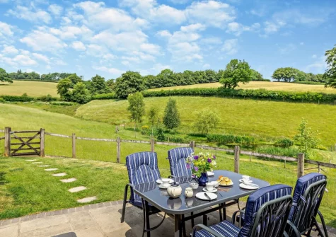 The patio, alfresco dining area & enclosed garden at Threshers Barn, East Anstey