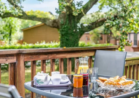 The patio & alfresco dining area at Tor Lodge, Meldon Lodge Park, Meldon