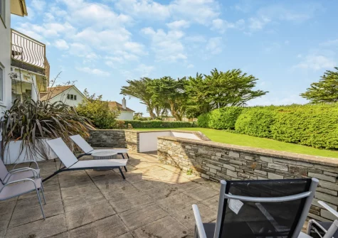 The paved split-level terrace & outdoor sitting area at Trefebus, Constantine Bay