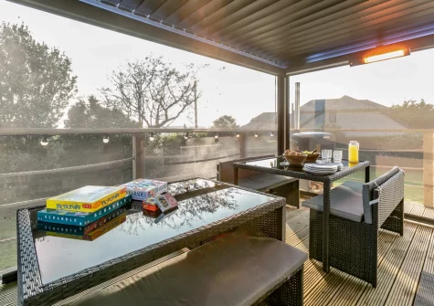 The decked terrace & alfresco dining area at Two-Ways, Praa Sands