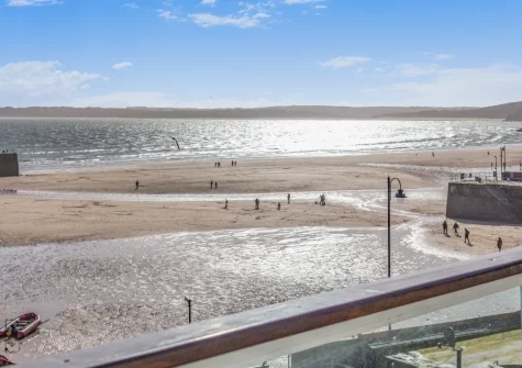 The harbour, beach & sea view from the terrace & alfresco dining area at Upper Seafarer, 45 Fore Street, St Ives