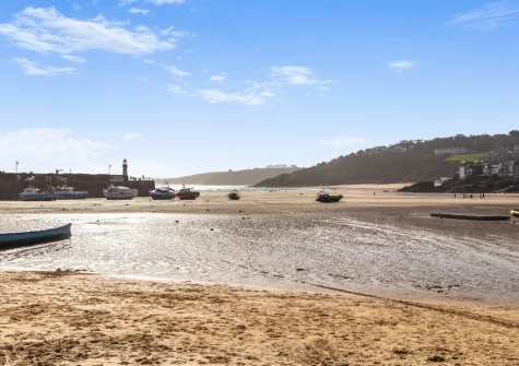 The harbour, beach & sea view from the terrace & alfresco dining area at Upper Seafarer, 45 Fore Street, St Ives