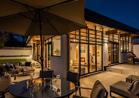 Once night falls enjoy alfresco dining & relaxing on Mediterranean style terrace at West Pine Villa, Tehidy