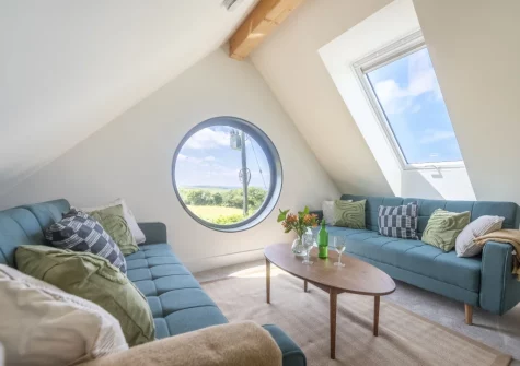 The poolhouse mezzanine sitting area at Westaway House, Trelights