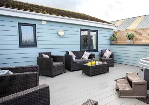 The decked patio & outdoor sitting area at Westward Breakwater, Westward Ho!