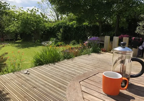 The decked patio & garden at Wildwood, Bude