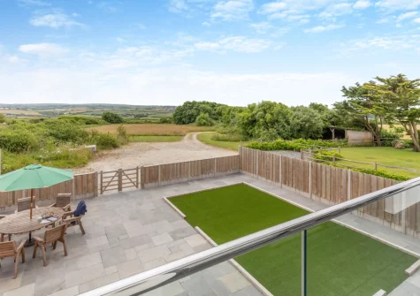 The far reaching countryside view from bedroom #1 balcony at Windmill View, Trevone