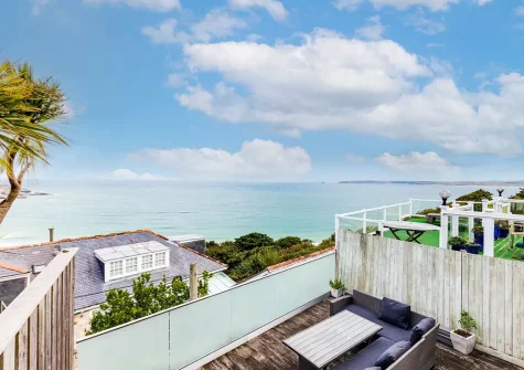 Enjoy far reaching coast & sea views from the split level terrace at Zareba, St Ives