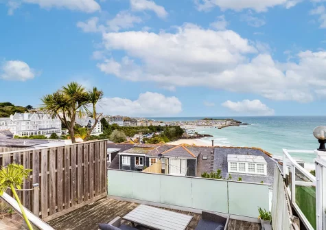 Enjoy far reaching coast & sea views from the split level terrace at Zareba, St Ives